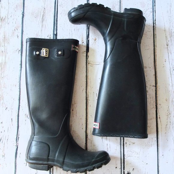 Hunter Shoes - Hunter Black Tall Rain Boots Distressed Look